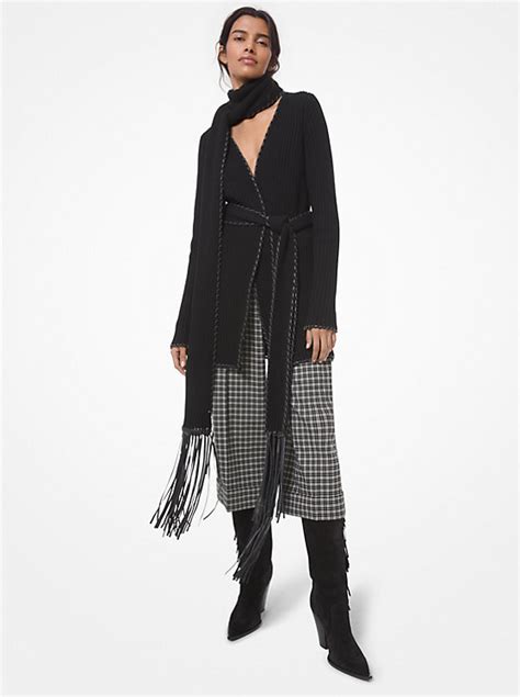 michael kors leather drape cardigan|Leather Whipstitch and Cashmere Fringed Cardigan .